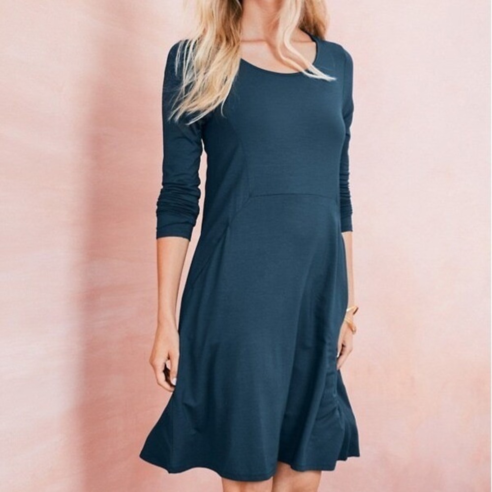 Garnet Hill Everyday A-Line Stretch Jersey Knit Dress Teal Long‎ Sleeve Tencel L